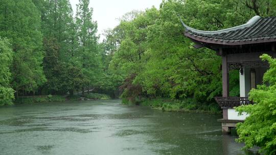 161 杭州 风景 古建筑 下雨天 亭子 湖面视频素材模板下载