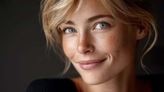 自信迷人的金发雀斑女孩微笑特写