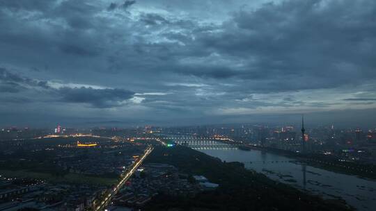 城市航拍洛阳阴雨天后城市云海夜景建筑