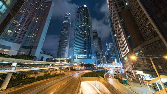 中国香港市中心的夜间交通延时
