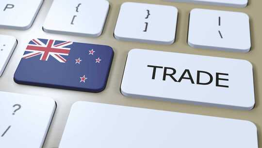 按钮3D动画上的新西兰国旗和贸易文本
