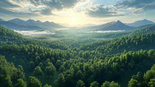 森林清晨航拍山林日出全景