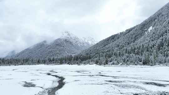 西藏林芝巴松措，雪山森林雪地的雪景航拍