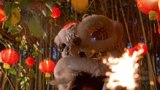 舞狮表演配红灯笼喜庆素材