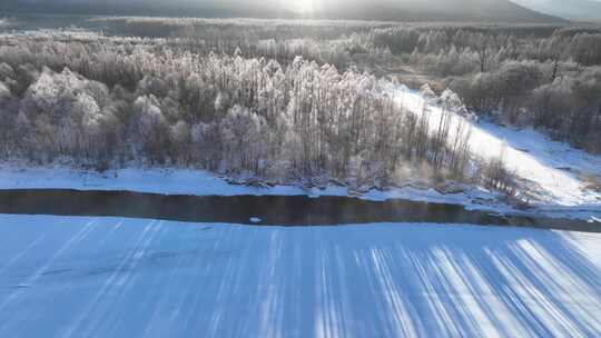 航拍雪原冰河冻雾树林朝阳