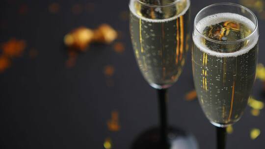 两杯满是金色装饰的起泡香槟酒视频素材模板下载