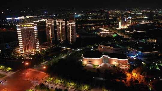 航拍扬州西区明月湖商圈地标建筑夜景