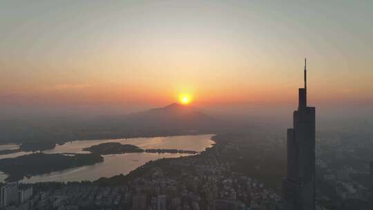 航拍江苏南京紫峰大厦日出紫金山风景