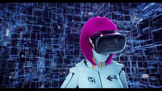 赛博朋克女性机器人头戴VR眼镜开场进入系统视频素材模板下载