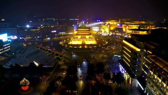 陕西西安钟楼夜景航拍