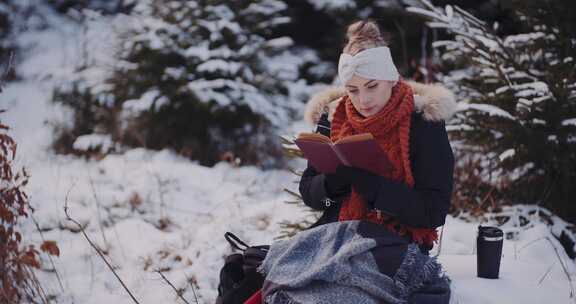 女人坐在树林附近雪地里的石头上