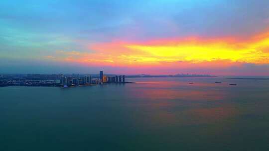 航拍海南海口世纪大桥城市蓝调夜景风景