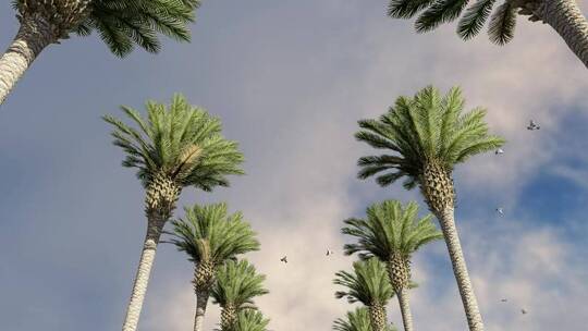 在阳光明媚的日子里，棕榈树周围长满了海鸥