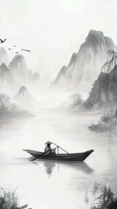 水墨山水古人泛舟素材