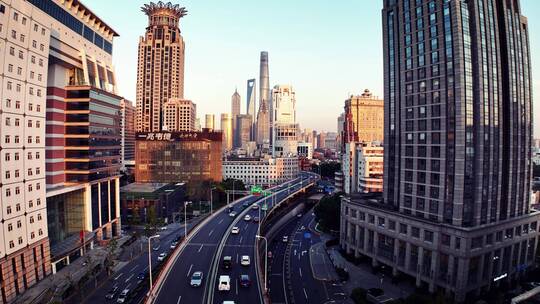上海黄浦区延安高架傍晚航拍