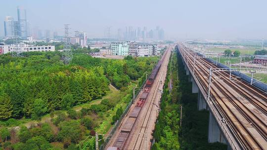 航拍杭州萧山开发区高速电气化铁路高架