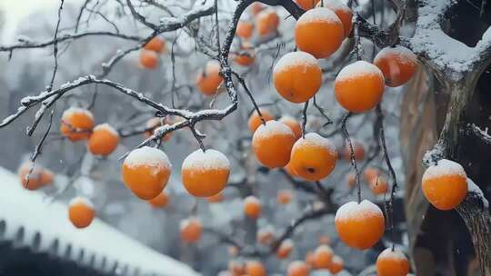 覆雪柿子树果实特写