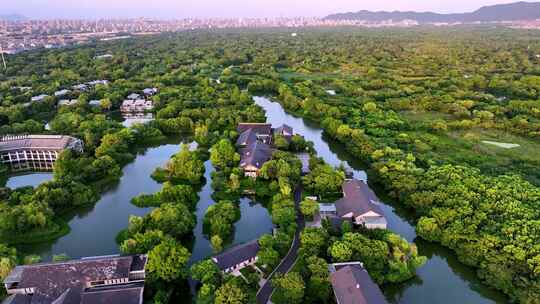 杭州西溪湿地黄昏日落时分航拍