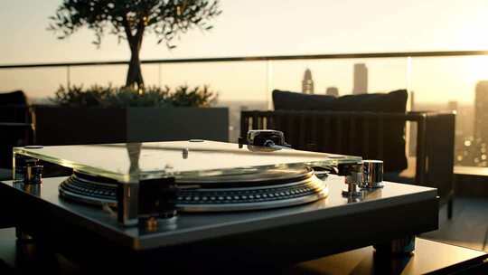 露台黑胶唱片机黄昏场景