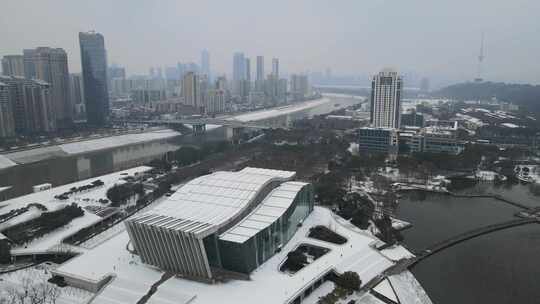 武汉汉阳区琴台大剧院雪景航拍