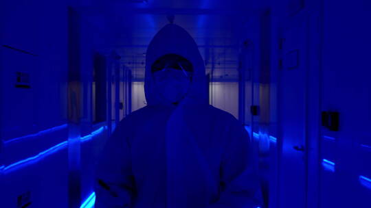 穿防护服的科研人员走在机房里视频素材模板下载