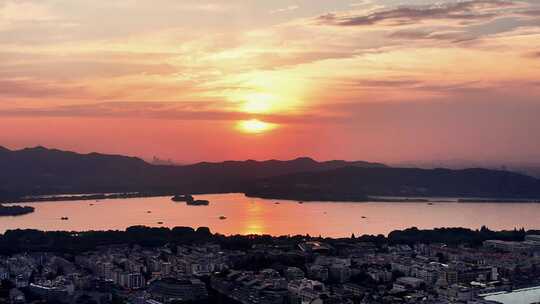 浙江杭州西湖落日晚霞夕阳西下航拍