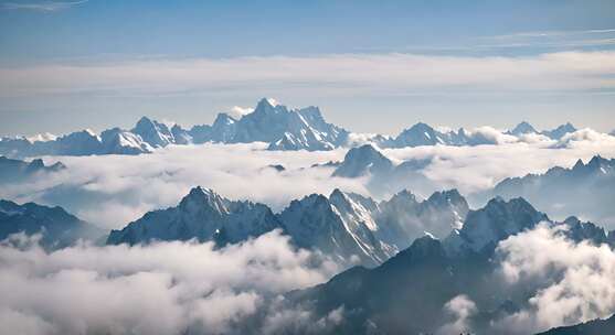 雪山云雾森林阳光树林远山峰大自然生态风景