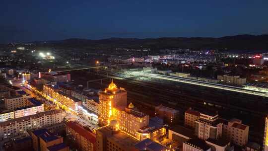 满洲里火车站夜景 灯光照明 铁路 运输