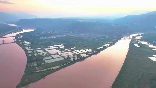 航拍甘肃兰州西固达川镇河湟交汇黄河湟水河