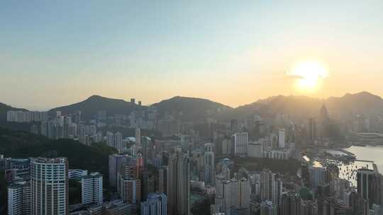 香港大景航拍维多利亚港太平山日落海湾风光