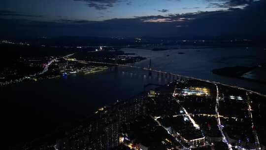 航拍汕头老城区榕江礐石大桥日落夜景