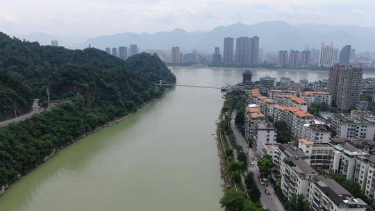 航拍浙江杭州桐庐县城江边风景