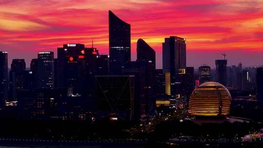 CBD城市高楼大厦杭州钱塘江晚霞夜景