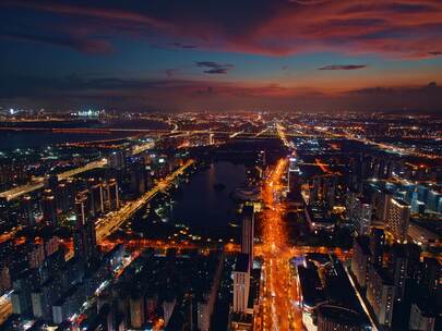 杭州下沙金沙湖傍晚繁华夜景