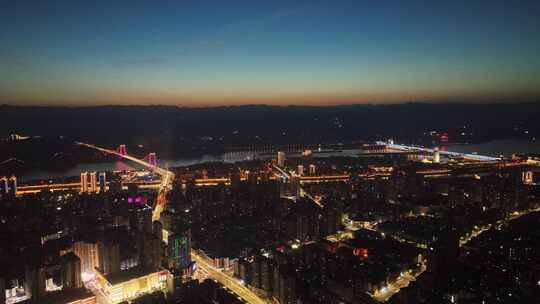 航拍宜昌城市葛洲坝夜景