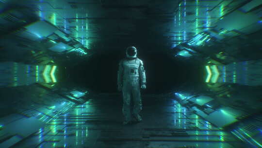 宇航员走在霓虹灯发光的科幻隧道里