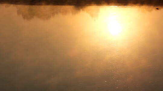 薄雾中的河中日出倒影视频素材模板下载