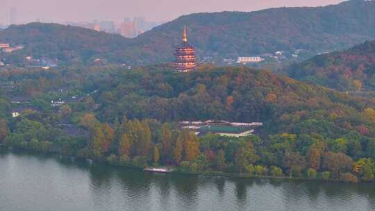 西湖雷峰塔景区大自然风光群山航拍杭州风景视频素材模板下载