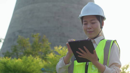 中国人女工程师戴建筑头盔工作记录