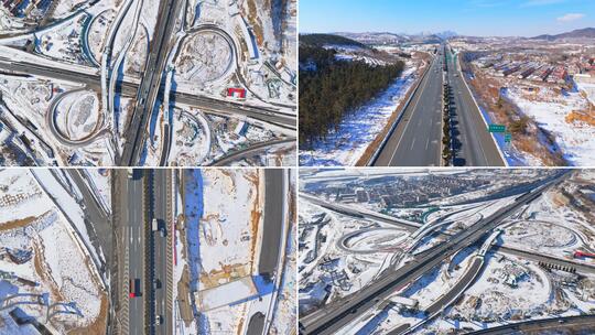 合集-航拍冬季雪后立交桥交通枢纽城市风景