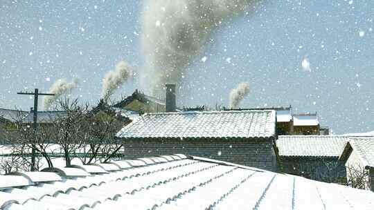 大雪纷飞的天气屋顶升起炊烟