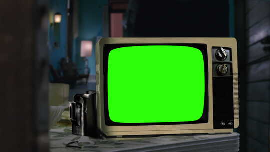 老式电视机打开绿屏背景。放大绿屏。4K版本。