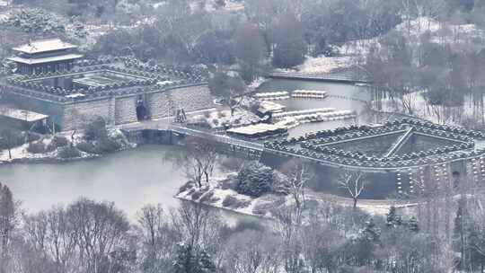 航拍扬州瘦西湖大明寺观音山宋夹城园林雪景