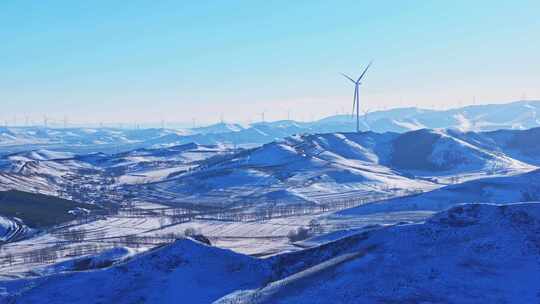 冬季承德丰宁坝上风电蓝天白云雪景航拍