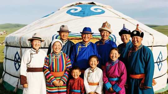 草原蒙古族家庭蒙古包前合影