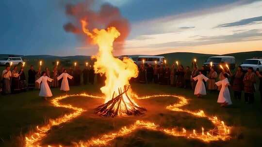 草原篝火旁人们持火把起舞