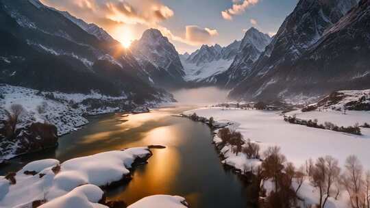 雪山河谷日落美景