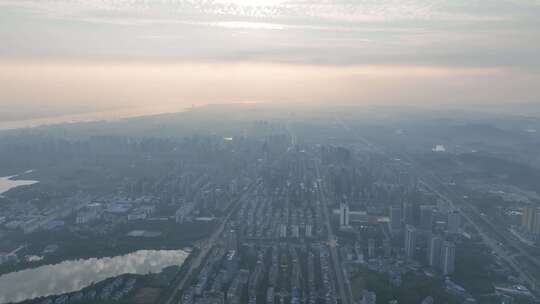 鄂州日出航拍城市日出景观城市清晨朝阳晨曦