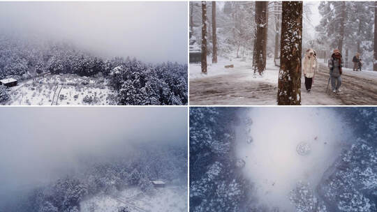 天台山华顶景区空中俯瞰雪覆树林场景高清在线视频素材下载