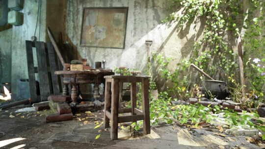一个废弃的房间，里面有椅子和桌子，处于破